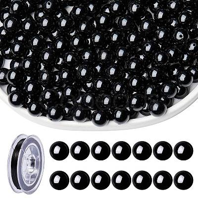 100Pcs Natural Black Tourmaline Round Beads with Strong Stretchy Beading Elastic Thread G-SZ0002-30-1