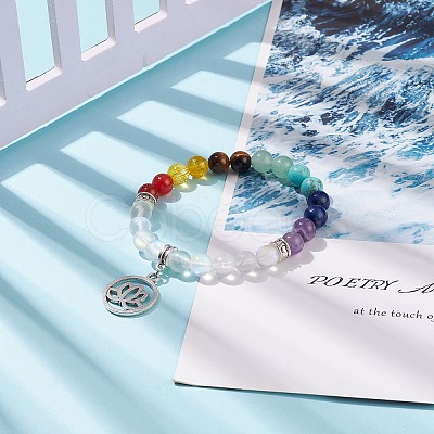 Synthetic Moonstone & Mixed Gemstone Stretch Bracelet with Alloy Lotus Charms BJEW-TA00134-02-1