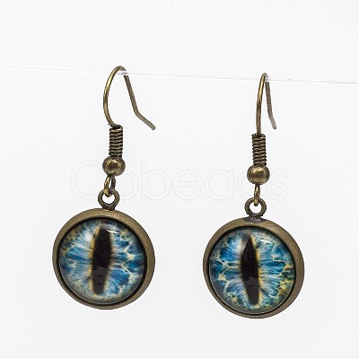 Trendy Antique Bronze Brass Dragon Eye Printed Glass Dangle Earrings EJEW-JE01479-1