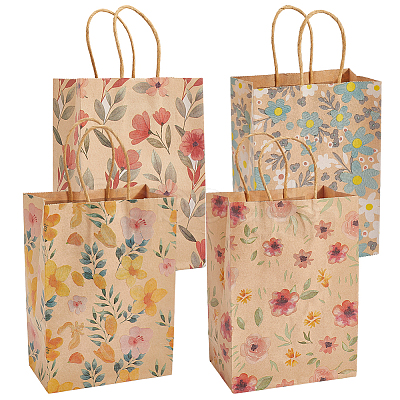 16Pcs 4 Styles Flower Print Paper Bags with Handles ABAG-BBC0001-30-1