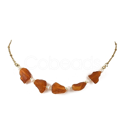 Nuggets Natural Amber & Natural Freshwater Pearl Beaded Necklaces with 304 Stainless Steel Satellite Chains NJEW-JN06491-1