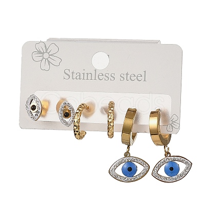 3 Pairs Evil Eye 304 Stainless Steel Enamel Hoop & Stud Earring Sets EJEW-Z166-02G-02-1