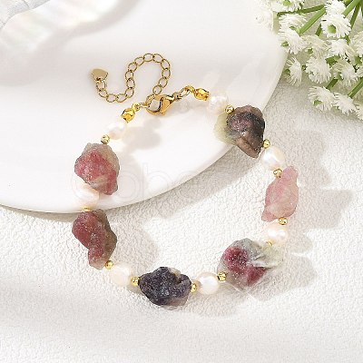 Raw Rough Natural Multicolor Tourmaline & Potato Natural Pearl Beaded Bracelets BJEW-JB14395-1
