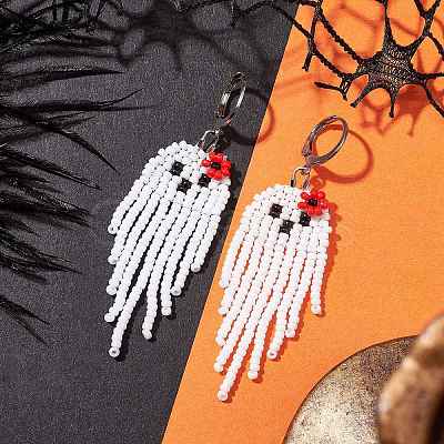 Halloween Woven MIYUKI Seed Beads Ghost Hoop Earrings EJEW-JE05854-02-1