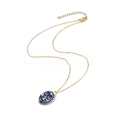 Handmade Porcelain White and Blue Floral Oval Pendant Brass Cable Chain Necklaces for Women NJEW-JN05675-1