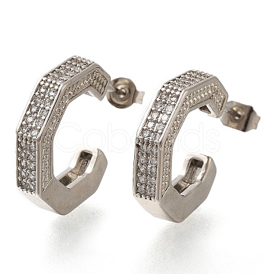 Rack Plating C-Shaped Brass Pave Clear Cubic Zirconia Stud Earrings EJEW-I310-08P-1