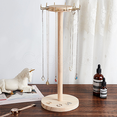 Round Wood Jewelry Necklace Display Organizer Hanging Tower Rack NDIS-WH0017-04-1