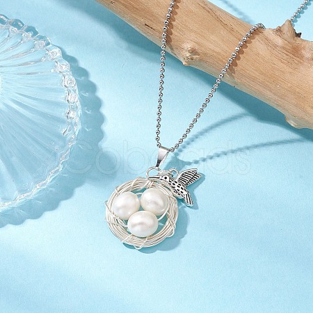 Natural Cultured Freshwater Pearl Copper Wire Wrapped Bird Egg Nest Pendant Necklaces NJEW-TA00190-1