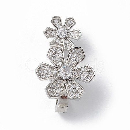 Rack Plating Flower Brass Pave Clear Cubic Zirconia Fold Over Magnetic Clasps KK-C019-21P-1