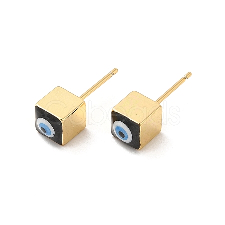 Long-Lasting Plated Cube with Enamel Evil Eye Stud Earring EJEW-E272-01G-02-1