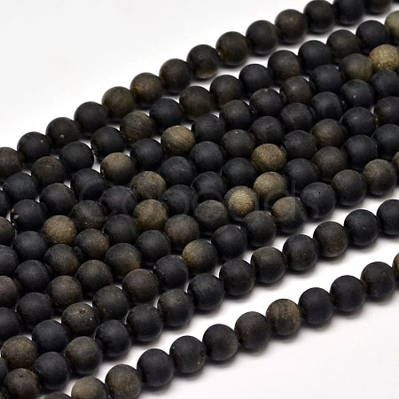 Frosted Natural Golden Sheen Obsidian Round Bead Strands G-F266-04-6mm-1