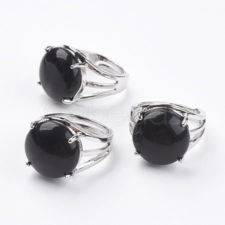 Adjustable Natural Dyed & Heated Black Agate Finger Rings RJEW-F075-01M-1