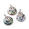 Natural Paua Shell Pendants, with Platinum Tone Brass Findings, Flat Round, 30.87x28.4x4.5mm, Hole: 5x8mm