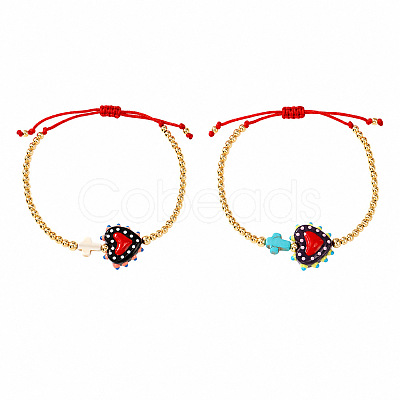 2Pcs 2 Colors Dyed Synthetic Turquoise Cross and Glass Heart Braided Bead Bracelets for Women PE0777-21-1