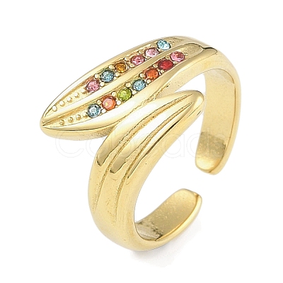 Leaf 304 Stainless Steel Rhinestone Cuff Ring for Women RJEW-C099-03G-02-1