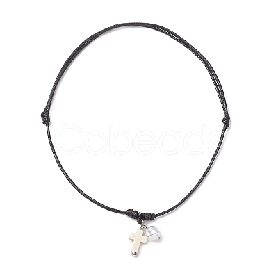 Adjustable Dyed Synthetic Turquoise with Round Plastic Imitation Pearl Cross Pendant Black Waxed Polyester Cord Necklaces for Women NJEW-JN05384-02-1
