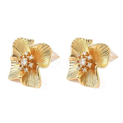 Brass Micro Pave Clear Cubic Zirconia Flower Stud Earrings EJEW-D337-04G-1