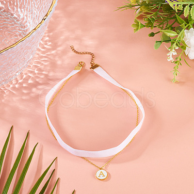 Alloy White Enamel Flat Round with Letter A Pendant Single Face Velvet Ribbon & 304 Stainless Steel Chain Double Layered Necklaces for Women NJEW-TAC0040-1