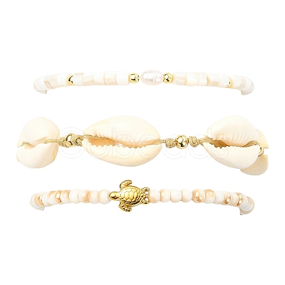 3Pcs 3 Styles Natural Mixed Cowrie Shell Beads Adjustable Bracelets BJEW-JB13915-1