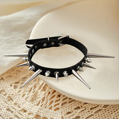 Punk Rock Style Alloy Spiked Cone Rivet Imitation Leather Chocker Necklaces NJEW-WH20011-10P-01-1