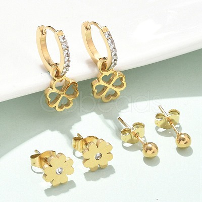 304 Stainless Steel Rhinestone Clover & Round Earring Sets EJEW-Z098-13G-1