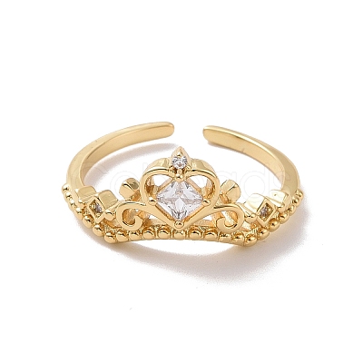 Clear Cubic Zirconia Crown Open Cuff Ring RJEW-P034-10G-1