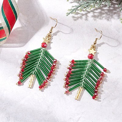 Glass Seed Beaded Christmas Tree Dangle Earrings EJEW-MZ00636-1