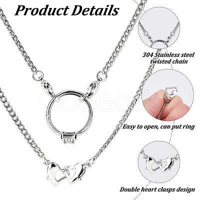 304 Stainless Steel Twisted Chain Necklaces with Double Heart Clasps NJEW-HS00012-1