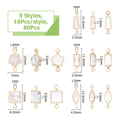 80Pcs 5 Styles Alloy Pave Clear Cubic Zirconia Connector Charms FIND-HS0001-D-1