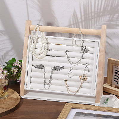 Wood & PU Leather Slant Back Ring Organizer Display Stands RDIS-WH0001-40-1
