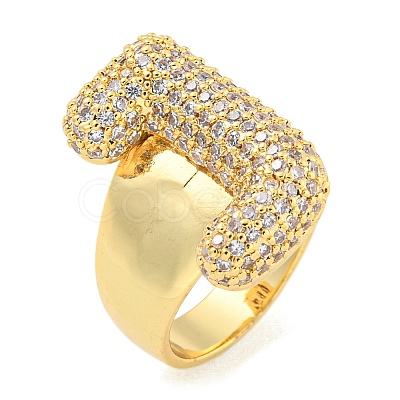 Brass Micro Pave Clear Cubic Zirconia Letter Open Cuff Ring for Women RJEW-M173-01G-J-1