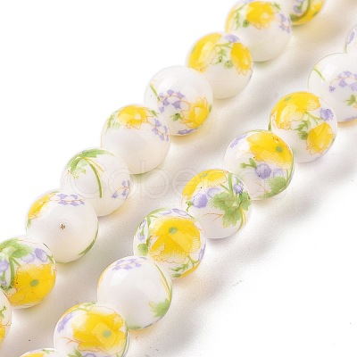 Handmade Printed Porcelain Round Beads Strands PORC-L004-10mm-05-1