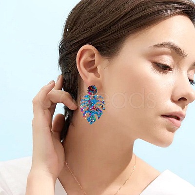 Leaf Acrylic Paillette Dangle Stud Earrings FS-WG5D05C-03-1