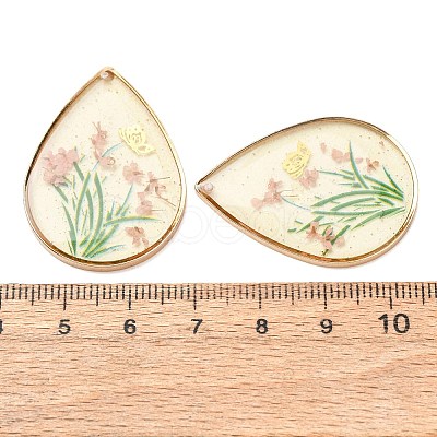 Brass & Transparent Epoxy Resin & Dried Flower Pendants RESI-G133-02G-01-1