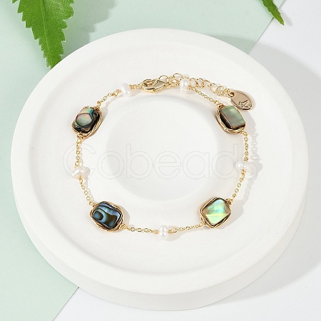 Rectangle Brass Abalone Shell Link Bracelets KK-D301-02G-1