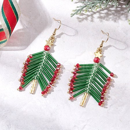 Glass Seed Beaded Christmas Tree Dangle Earrings EJEW-MZ00636-1