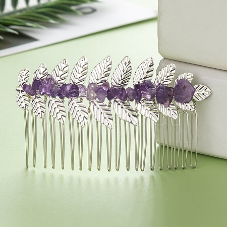 Leaf Natural Amethyst Chips Hair Combs PW-WG12843-26-1