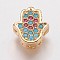 Brass Cubic Zirconia Beads, Hamsa Hand/Hand of Fatima/Hand of Miriam, Colorful, Golden, 9.5x8.5x4mm, Hole: 2mm