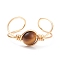 Natural Tiger Eye Round Beaded Open Cuff Ring, Copper Wire Wrap Gemstone Jewelry for Women, Golden, US Size 9(18.9mm)