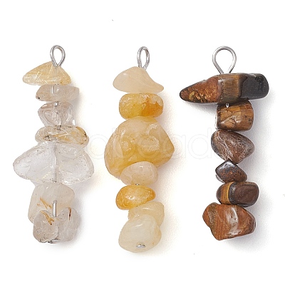 Gradient Color Natural Citrine & Natural Tiger Eye & Natural Gold Rutilated Quartz Chip Beaded Pendants PALLOY-JF02791-08-1
