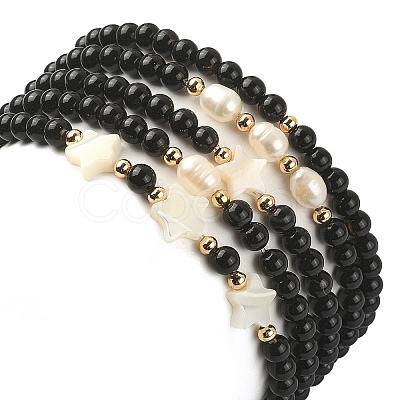 5Pcs 5 Style Synthetic Black Stone & Pearl & Shell Star Beaded Stretch Bracelets Set BJEW-JB09495-02-1