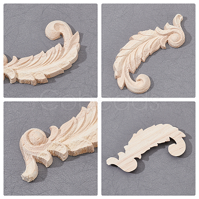 4Pcs Feather Rubber Wooden Carved Decor Applique WOOD-FH0001-83-1