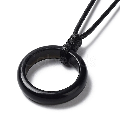 Natural Obsidian Ring Pendant Necklace with Waxed Cords NJEW-R262-01A-10-1