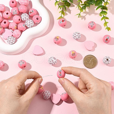 Valentine's Day 60Pcs Element Printed Wood Beads WOOD-YW0001-91-1