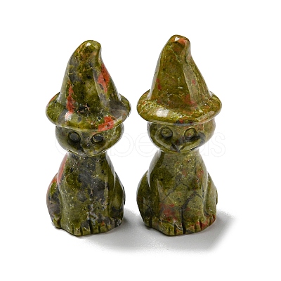 Natural Unakite Carved Healing Cat with Witch Hat Figurines DJEW-D012-07H-1