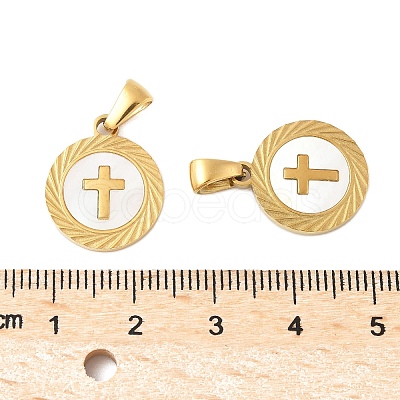 304 Stainless Steel Pave Natural White Shell Flat Round Pendant Necklaces STAS-R168-23G-01-1
