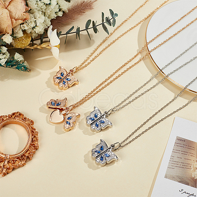 4Pcs 2 Colors Alloy Pave Cornflower Blue Glass Blank Butterfly Locket Pendant Necklaces for Women NJEW-DR0001-10-1