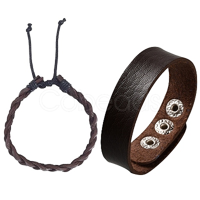2Pcs 2 Styles Adjustable Cowhide Leather Cord Braided Bracelets BJEW-CL0001-15-1