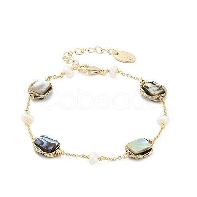 Rectangle Brass Abalone Shell Link Bracelets KK-D301-02G-1