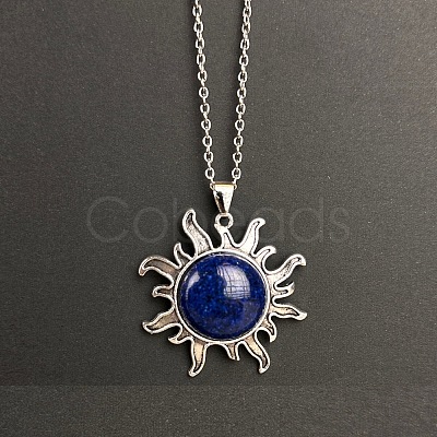 Natural Lapis Lazuli Sun Pendant Alloy Chain Vintage Necklaces LS-WB3716-15-1